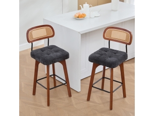 Tabouret de bar lot de 2 pivotant à 360° avec dossier en rotin, assise rembourrée et repose-pieds en chenille noir