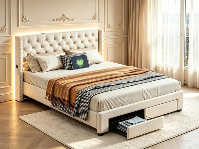  Lit coffre 160x200 cm ezssw, coloris beige  - Conforama B