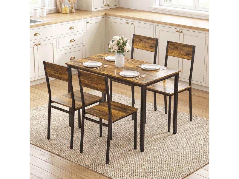  Ensemble table salle à manger avec 4 chaises, table de cuisine avec chaises 4 personnes, pieds en métal, brun rustique  - Conforama C