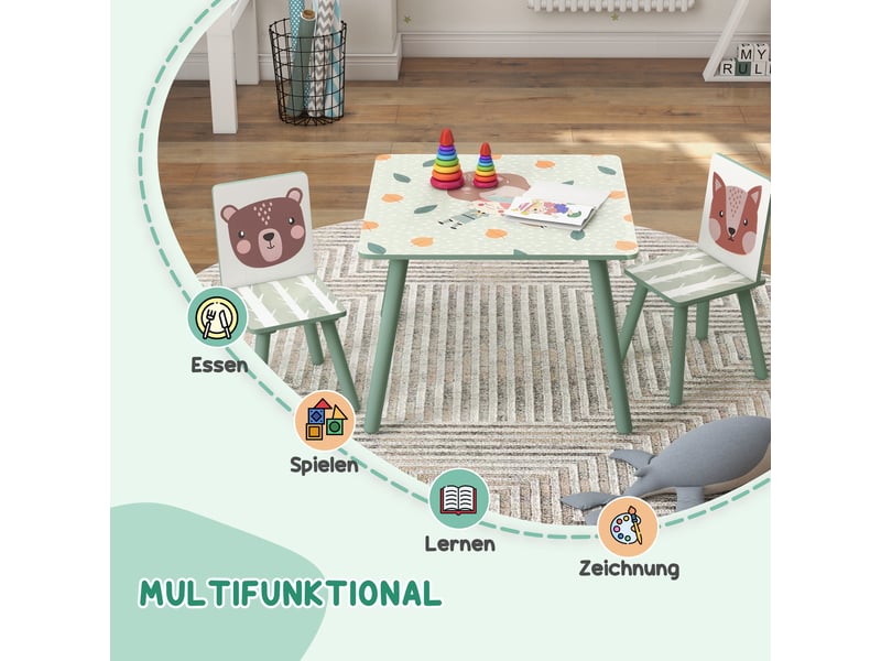 Ensemble de salon pour enfants de 3 à 8 ans, comprenant une table et deux chaises, avec un joli motif d'animaux, de couleur verte. - Conforama E