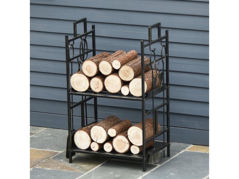  Porte-bûches en fer forgé avec accessoires, 2 niveaux, 51,5 x 33 x 77 cm, noir  - Conforama D