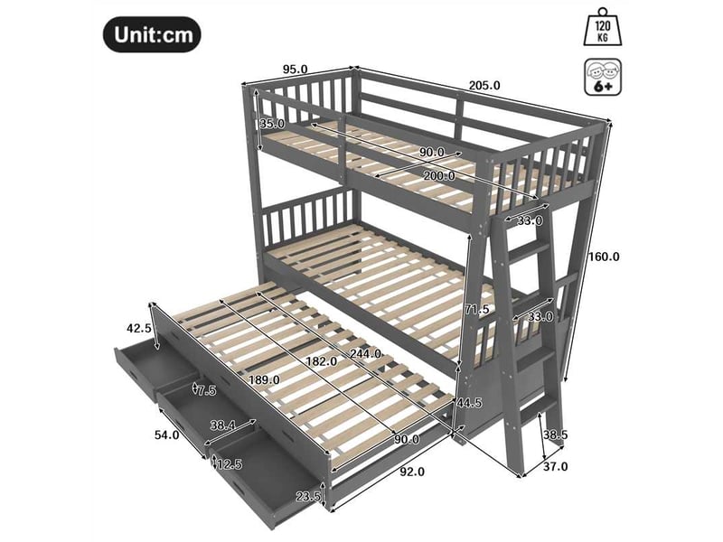  Lit superposé enfant 90x200 cm avec lit gigogne et 3 tiroirs de rangement, lit cabane gris pour fille et garçon en bois massif.  - Conforama C