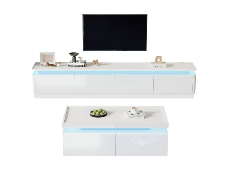  Ensemble meuble tv et table basse blanc brillant moderne – led, 4 tiroirs, compatible téléviseur 75 pouces  - Conforama A