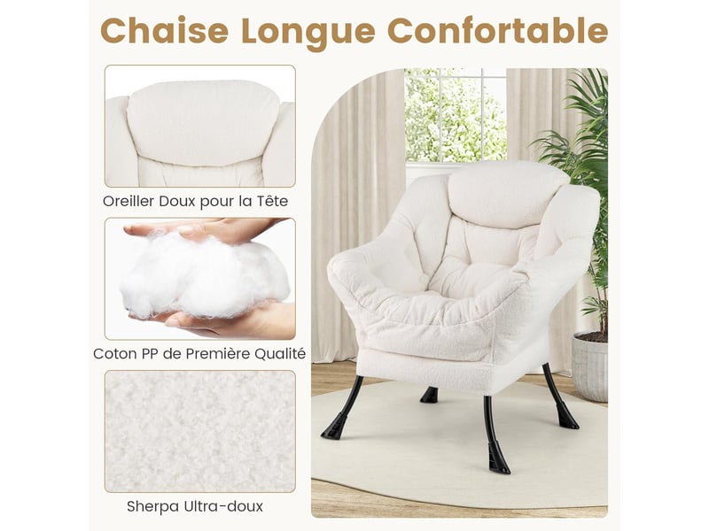 Costway fauteuil salon scandinave avec repose-pieds, fauteuil relax en sherpa avec oreiller et poche latérale, fauteuil chambre pour lecture, cadre en métal pour charger 150 kg (beige) - Conforama E