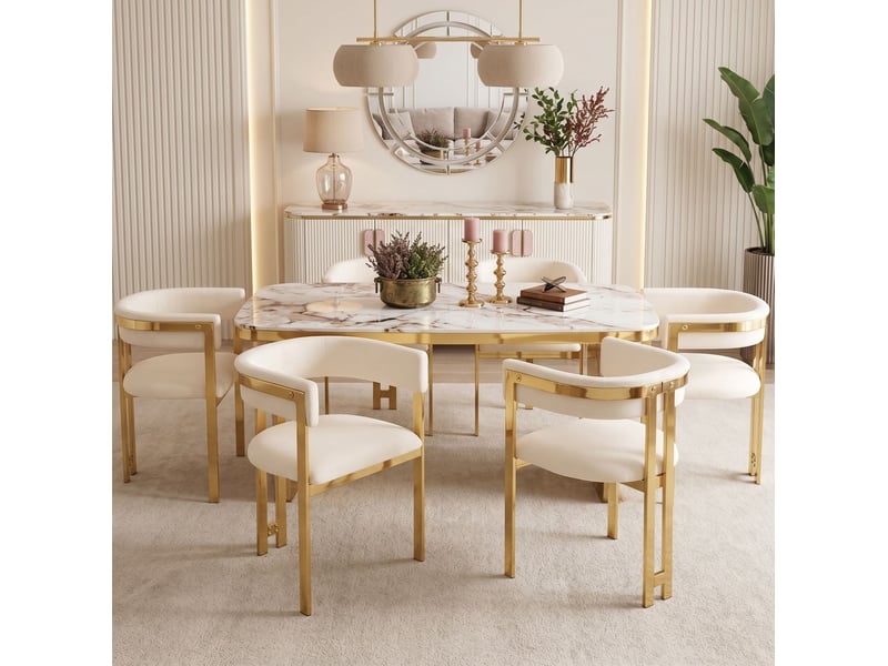  4 chaises de salle à manger confortables et respirantes, style moderne, pieds métalliques galvanisés dorés, tissu chenille beige + or  - Conforama B