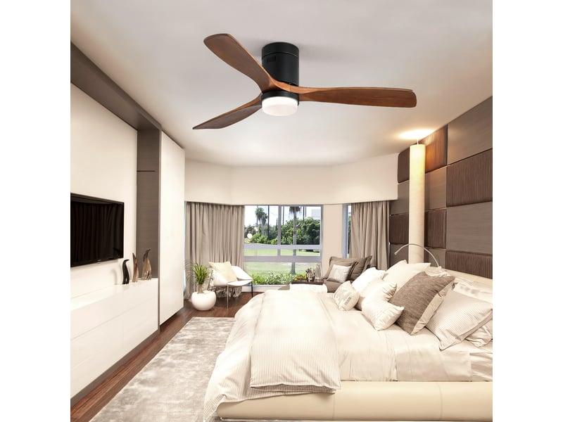  Ventilateur de plafond bois massif 132 cm avec lumière, moteur dc silencieux, réversible, 3 pales, télécommande, profil bas  - Conforama E