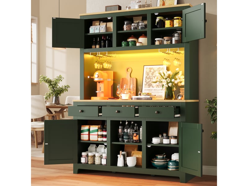 Buffet de cuisine avec portes, tiroirs, étagères réglables et led pour cuisine en mdf 120×40×180 cm vert antique - Conforama C