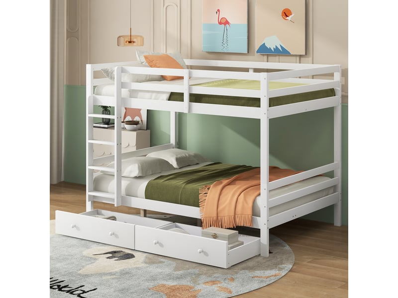  Lit superposé 140x200 en bois massif blanc, lit enfant avec tiroirs et barrières de sécurité, gain de place pour chambre  - Conforama E