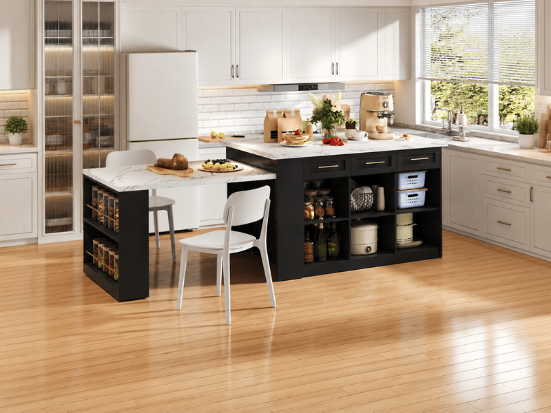 Îlot de cuisine 150 cm, table coulissante, plateau effet marbre, 6 tiroirs, 3 portes, rangements, noir et blanc - Conforama B