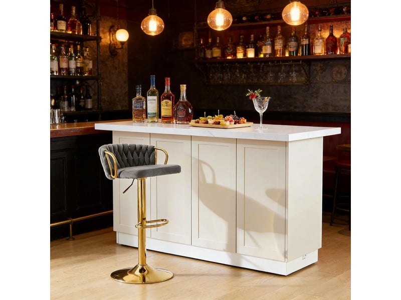  Tabouret de bar pivotant réglable en hauteur avec dossier et repose-pieds, en velours et métal gris foncé  - Conforama C