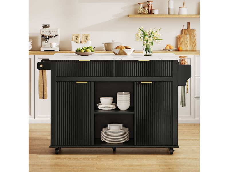  Île de cuisine sur roulettes 143 x 45 cm avec plaque de travail pliante, chariot de cuisine avec 2 tiroirs, 2 portes, étagères à épices et porte-serviettes, placard de cuisine mobile noir  - Conforama E