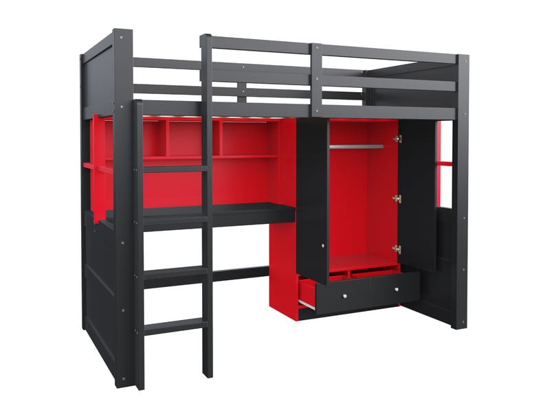 Lit mezzanine enfant 90x200 cm – noir et rouge – bureau, armoire, rangement, led et prises - sans matelas - Conforama D