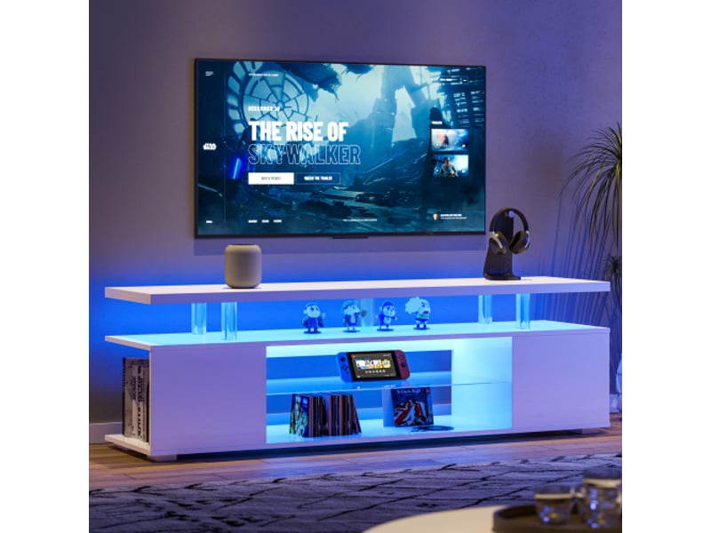 Meuble tv blanc 60 pouces – console de rangement et centre multimédia led gamer, grand cabinet latéral salon  - Conforama E
