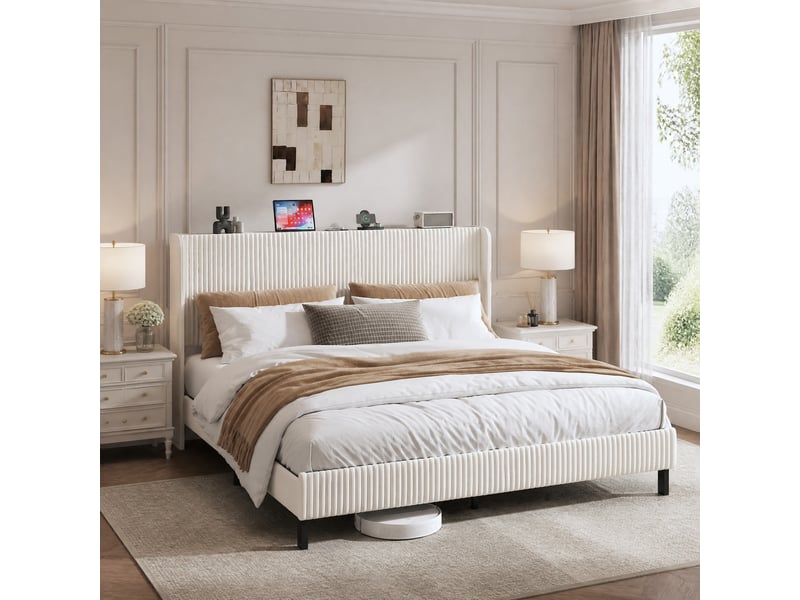 Cadre de lit 180x200 cm avec tête de lit en velours côtelé, beige et crème, métal - Conforama B