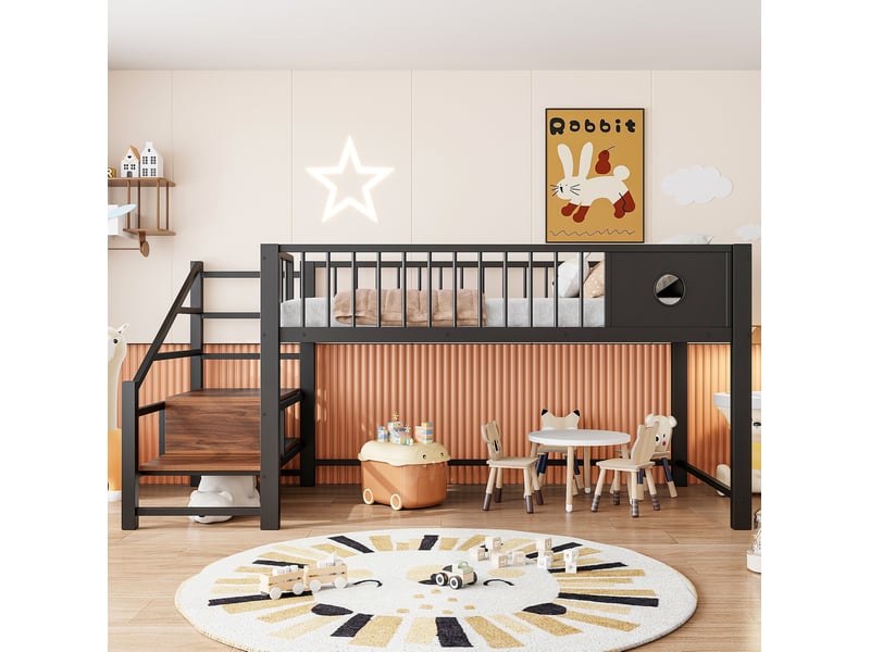  Modenvie lit mezzanine bas enfant 90x200 cm - structure métallique, avec échelle de rangement, sans matelas - noir  - Conforama D