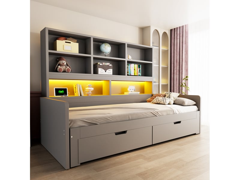  Lit gigogne 90180 x 200 cm avec rangement led gris  - Conforama B