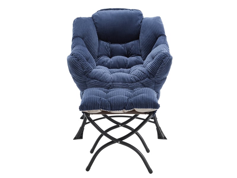 Fauteuil relax avec repose-pieds, accoudoirs et poche latérale, dossier ergonomique en acier et tissu bleu marine - Conforama A