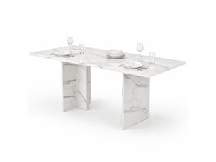 Table extensible 6 à 8 personnes avec rallonge escamotable et plateau épais, en mdf blanc marbre, 140–180 × 80 cm