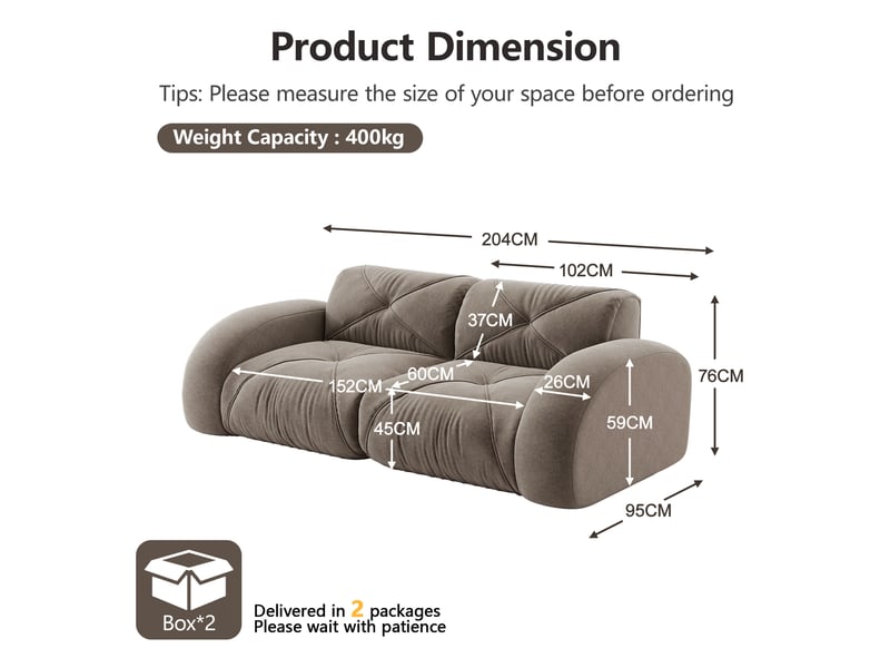  Canapé modulaire 2 places en chenille avec confort moelleux, design sans cadre et sans montage, taupe  - Conforama E