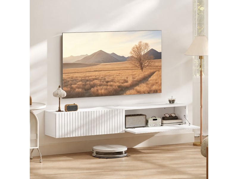  Meuble télé mural blanc de 140 cm, 2 portes abattantes cannelées sans poignées, mdf mélaminé, 140 x 25 x 22 cm  - Conforama B