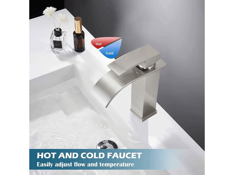  Robinet de lavabo cascade galvanisé, installation sur comptoir, mitigeur monotrou eau chaude et froide  - Conforama C