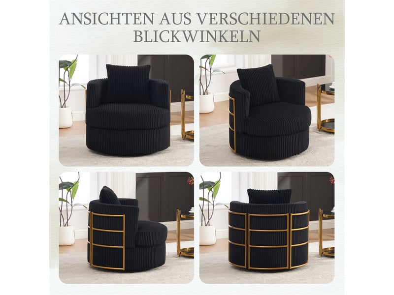  Fauteuil pivotant 360°  76 x 79 x 78 cm – coffre de rangement intégré &amp; coussin inclus –velours côtelé - noir  - Conforama A