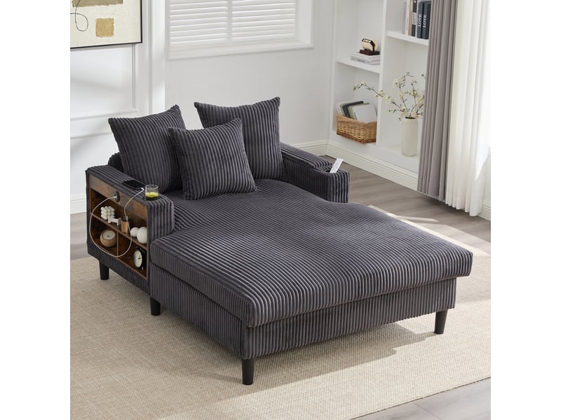  Méridienne en velours côtelé gris foncé 129x170x70 cm avec led, usb, rangement et porte-gobelets, salon chambre balcon 129x170x70cm - Conforama B