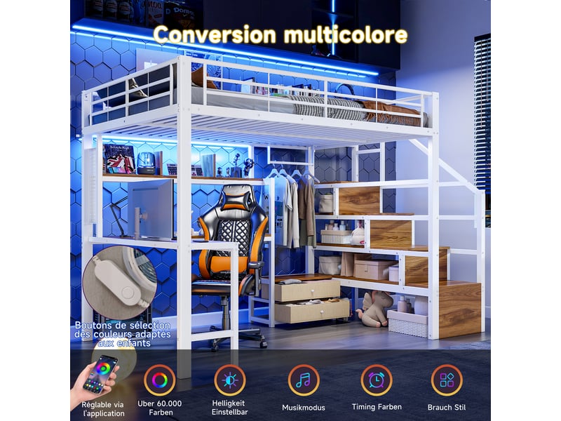  Lit mezzanine 140x200 cm métal blanc avec led, bureau, tiroirs et rangements  - Conforama B