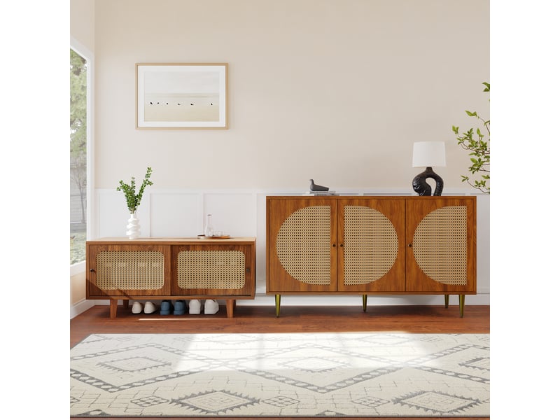 Ensemble buffet et meuble à chaussures en rotin, finition noyer, commode 3 portes et rangement à 2 portes coulissantes pour salon - Conforama D