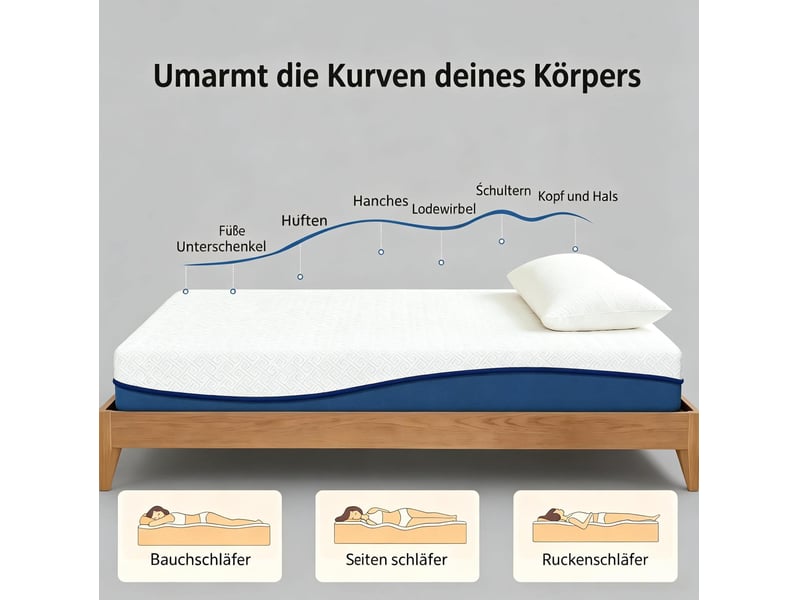  Matelas 160x200 cm pour 2 personnes, blanc et bleu-vert, polyester, mousse mémoire de forme, housse lavable amovible  - Conforama E