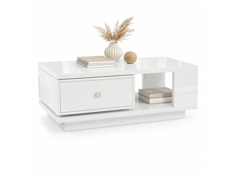  Table basse 90x48x35 cm blanche à tiroir pivotant et niche ouverte  - Conforama A