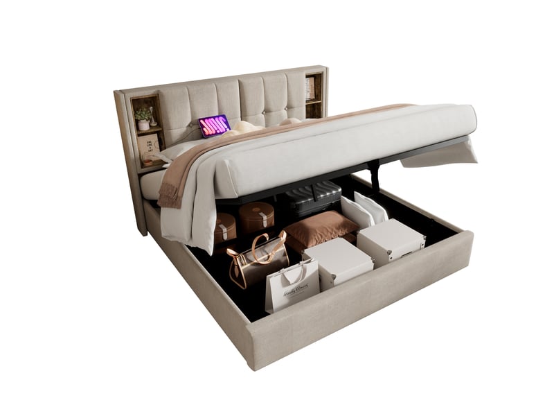  Lit coffre 160x200cm, 2 chevets, prend en charge la recharge sans fil usb-c, design épuré, incluant un matelas, lin, beige  - Conforama A