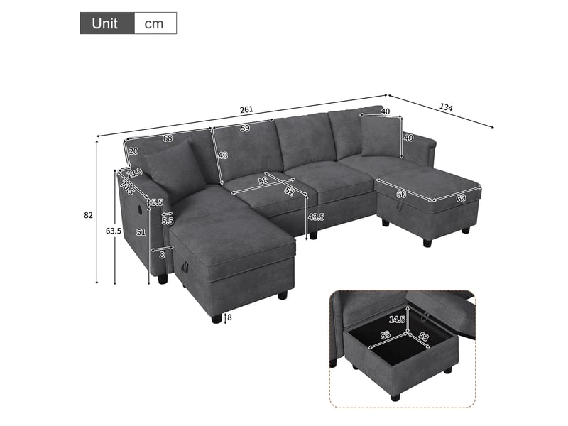  Canapé modulable tcqpz 261 x 134 x 82 cm convertible en l ou u avec 2 poufs de rangement chenille gris  - Conforama C
