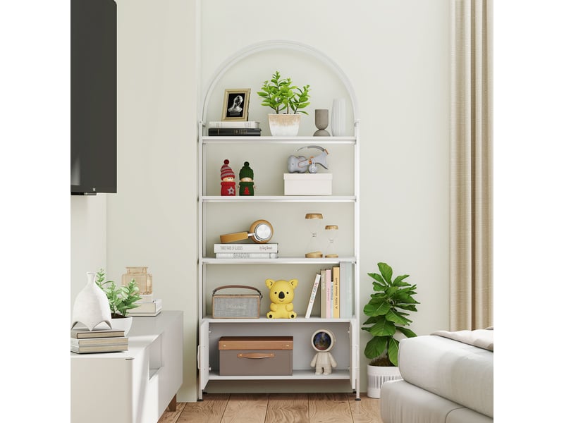  Étagère de rangement, bibliothèque arquée à 4 niveaux avec placard double porte, 80 x 30 x 187 cm, blanc  - Conforama D