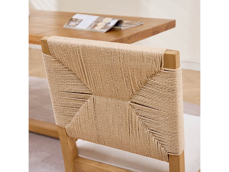  Lot de 2 chaises de salle à manger en bois avec dossier en cannage, assise rembourrée en tissu aspect lin, beige  - Conforama D