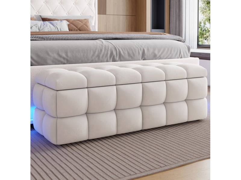  Banc coffre 120x40x40 cm, assise rembourrée, grand rangement à couvercle relevable, beige crème  - Conforama B