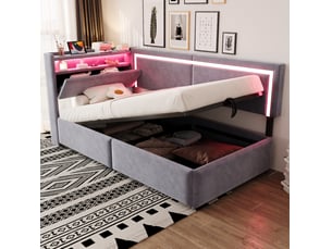 Lit banquette 90x200 cm gris clair en velours, led et usb, tête de lit avec rangement et coffre