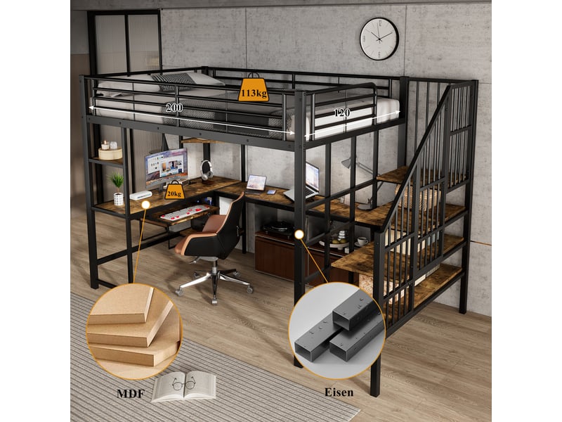  Lit mezzanine 120x200 cm avec ports de recharge, cadre de lit en métal avec échelle d'angle, lit 1 personne, noir + bois foncé  - Conforama W