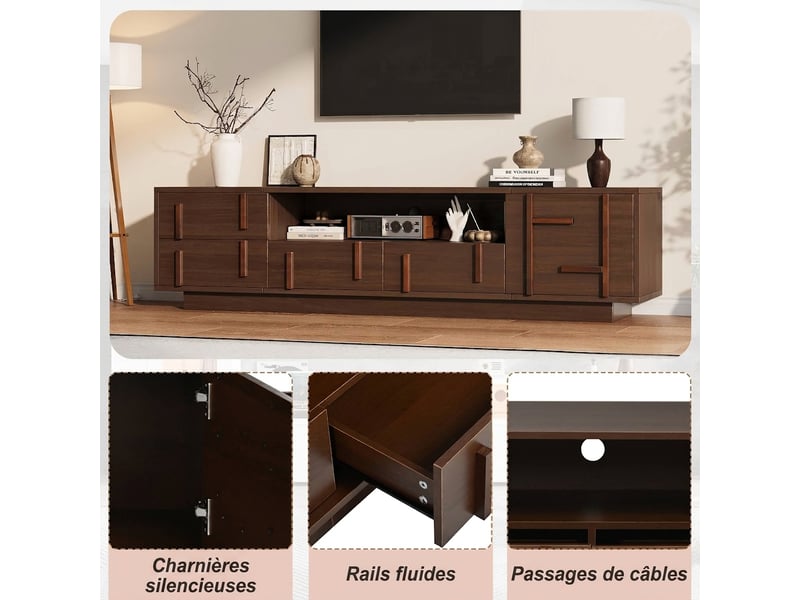  Meuble tv 180 cm couleur noyer en mdf avec 4 tiroirs, meuble tv pour 75 pouces, rangement salon  - Conforama W