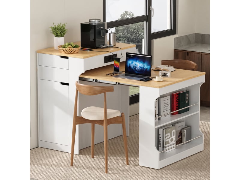  Ilot central de cuisine - 80x55x153cm - desserte extensible avec table, prises, étagères et roulettes - blanc et bois  - Conforama D