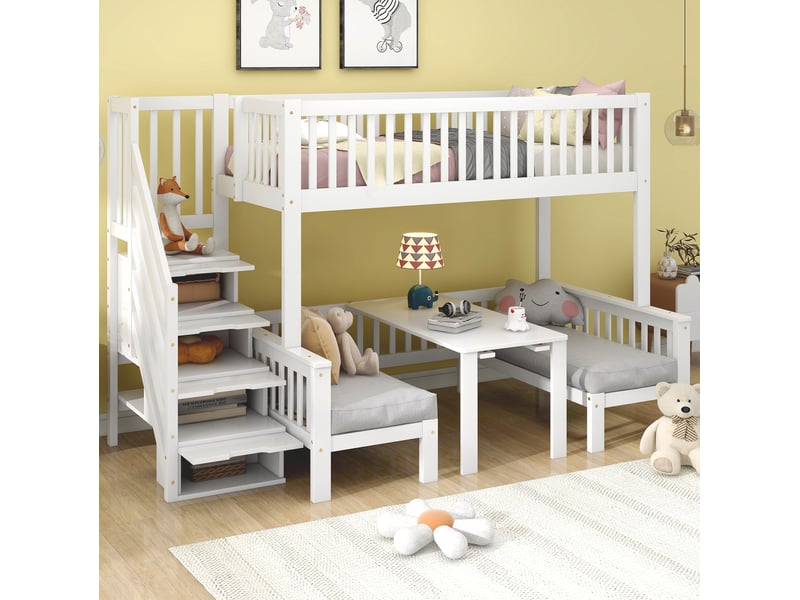  Lit superposé enfant blanc avec bureau rabattable, escalier coffre, 90x200 et 120x200 cm  - Conforama B