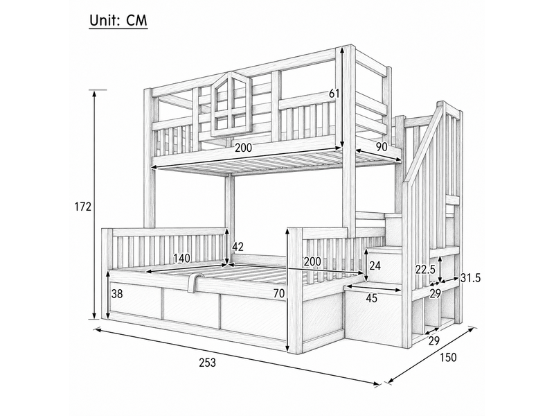  Lit superposé enfant 90x200 cm et 140x200 cm style cabane blanc bois naturel avec fenêtre barrière sécurité escalier rangement coffre hydraulique en747 sans matelas  - Conforama C