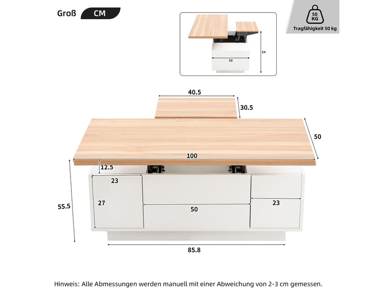  Table basse 100x50x55.5 cm à double plateau relevable en panneaux de particules blanche  - Conforama E