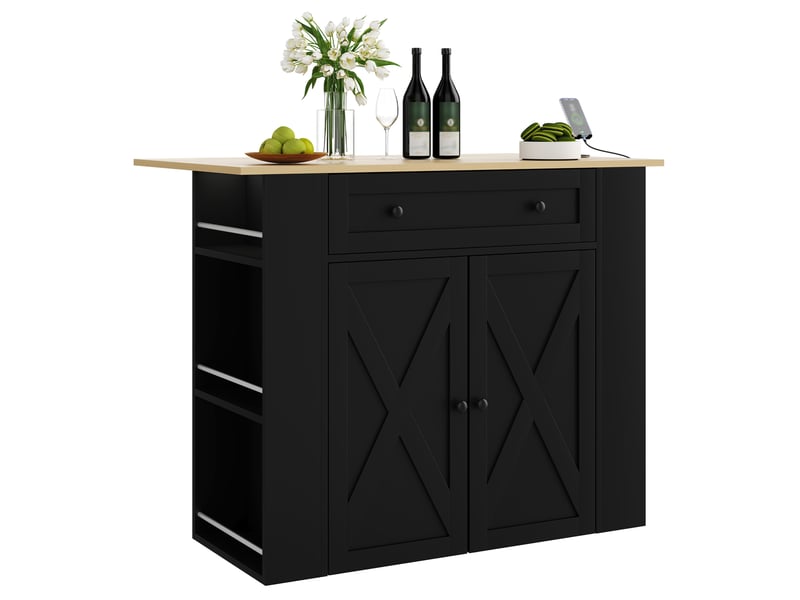  Îlot de cuisine 120x75x97 cm avec plateau rabattable en mdf noir, avec 2 portes, 1 tiroir, étagères latérales ouvertes et prises intégrées pour cuisine  - Conforama A