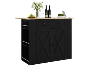 Îlot de cuisine 120x75x97 cm avec plateau rabattable en mdf noir, avec 2 portes, 1 tiroir, étagères latérales ouvertes et prises intégrées pour cuisine