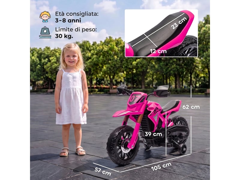  Moto électrique enfant 3-8 ans, double moteur 12v, stabilisateurs, klaxon, max 3 kmh, max 30 kg, rose.  - Conforama E