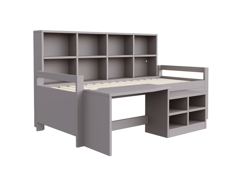  Lit simple enfant 90x200 cm – gris – bureau multifonction, rangements, led et prises usb – sans matelas  - Conforama D