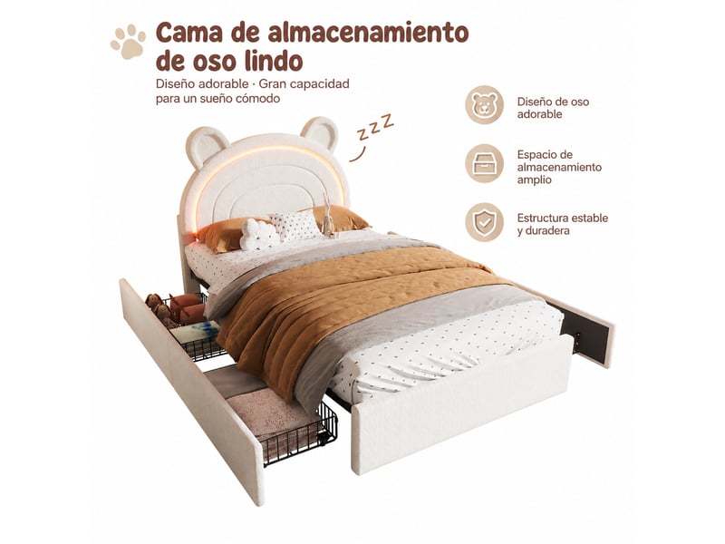  Lit enfant 90 x 200 cm beige avec tête de lit ours, tiroirs de rangement et éclairage led, sans matelas  - Conforama A