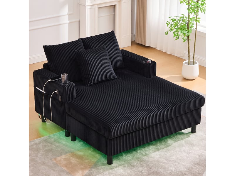 Fauteuil relax chaiselongue fixe 1 place en velours côtelé noir avec led, usb et porte-gobelets intégrés - Conforama B
