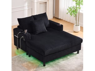 Fauteuil relax chaiselongue fixe 1 place en velours côtelé noir avec led, usb et porte-gobelets intégrés
